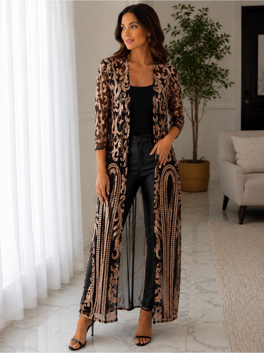 VENUS Black Sheer Rose Gold Sequin Maxi Duster, Glam Evening Cover Up, Sz Large